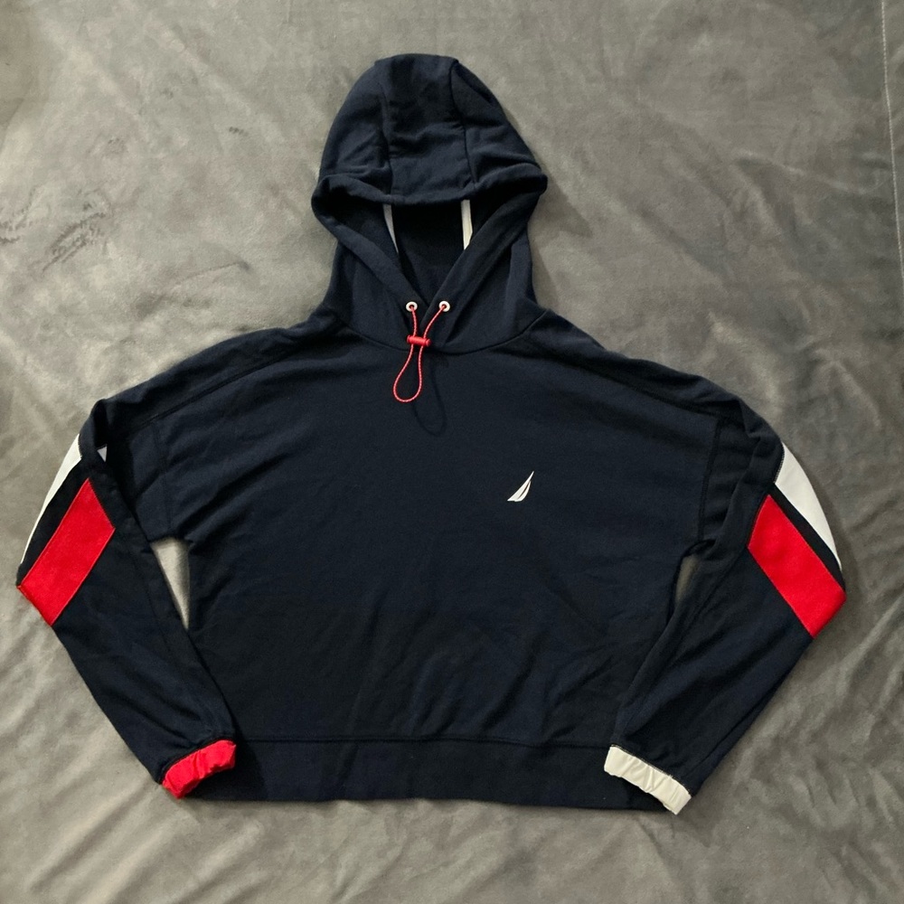 Nautica Dark Navy Blue Cropped Active Sports Pullover Lightweight Hoodie Running